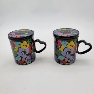 Pierre Cardin Floral Ceramic Mugs With Heart Handles & Lids
